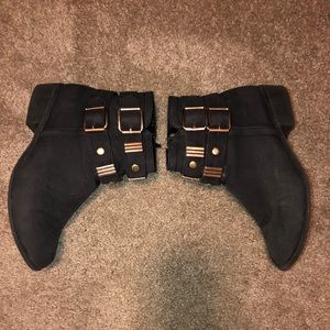 Black booties w gold buckles